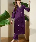 Purple embroidered cotton kurta trouser set