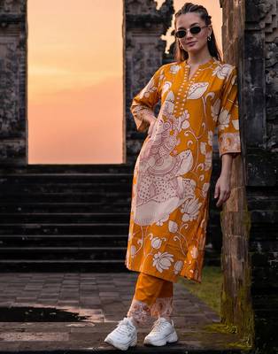 Yellow printed cotton kurta trouser set 1