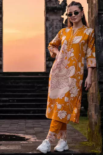 Yellow printed cotton kurta trouser set