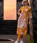 Yellow printed cotton kurta trouser set