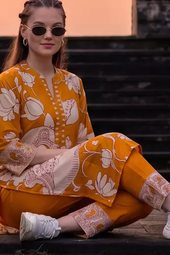 Yellow printed cotton kurta trouser set