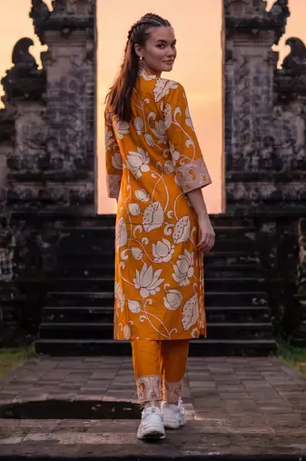 Yellow printed cotton kurta trouser set