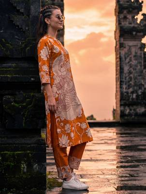 Yellow printed cotton kurta trouser set 4
