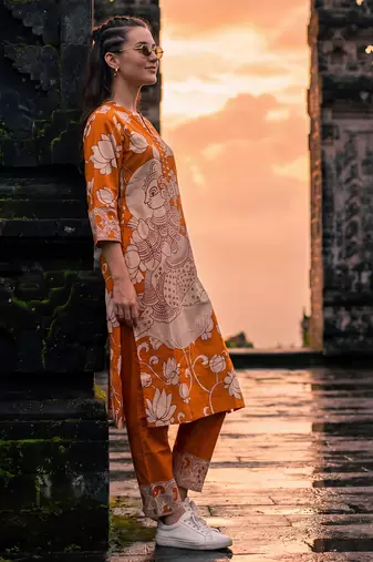 Yellow printed cotton kurta trouser set