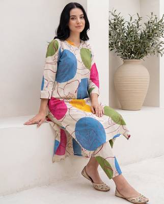 Off white printed cotton kurta trouser set 1
