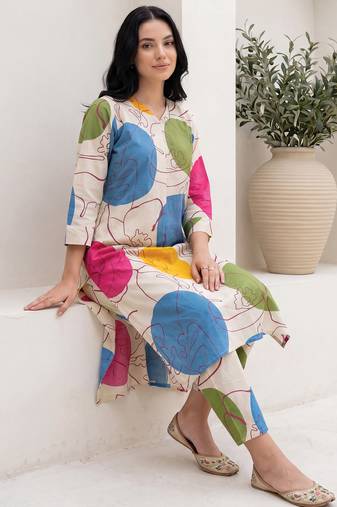 Off white printed cotton kurta trouser set