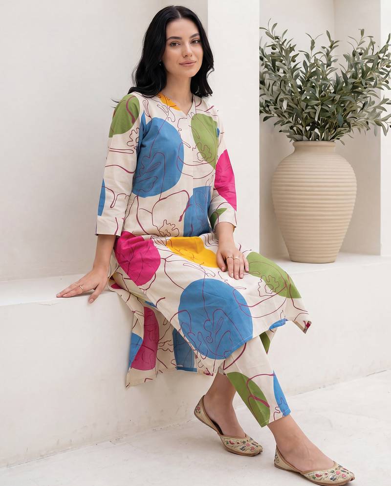 Off white printed cotton kurta trouser set