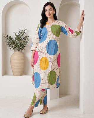 Off white printed cotton kurta trouser set 2