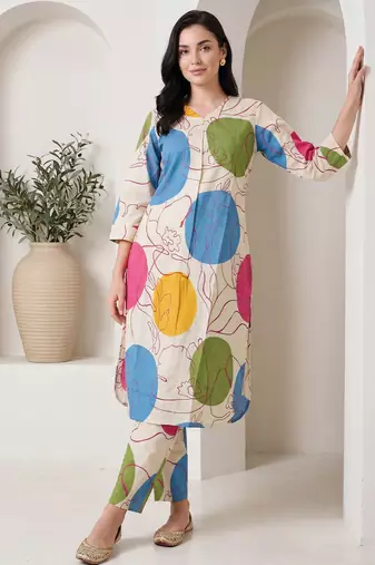 Off white printed cotton kurta trouser set