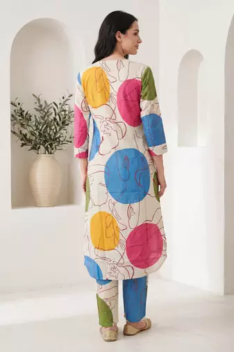 Off white printed cotton kurta trouser set