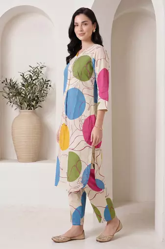 Off white printed cotton kurta trouser set