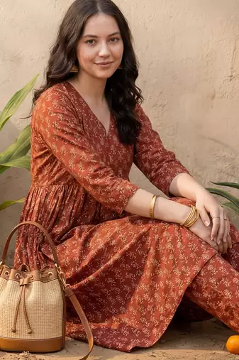 Maroon printed cotton kurta trouser set