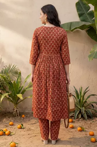 Maroon printed cotton kurta trouser set