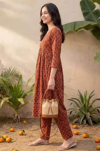 Maroon printed cotton kurta trouser set