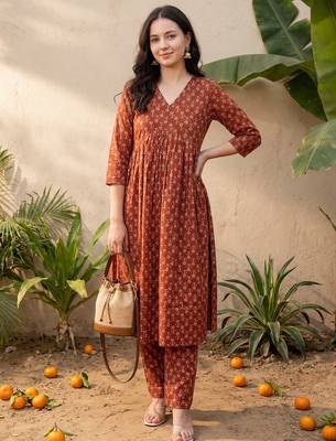 Maroon printed cotton kurta trouser set 1