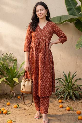 Maroon printed cotton kurta trouser set