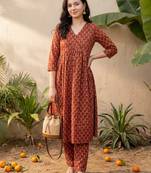 Maroon printed cotton kurta trouser set