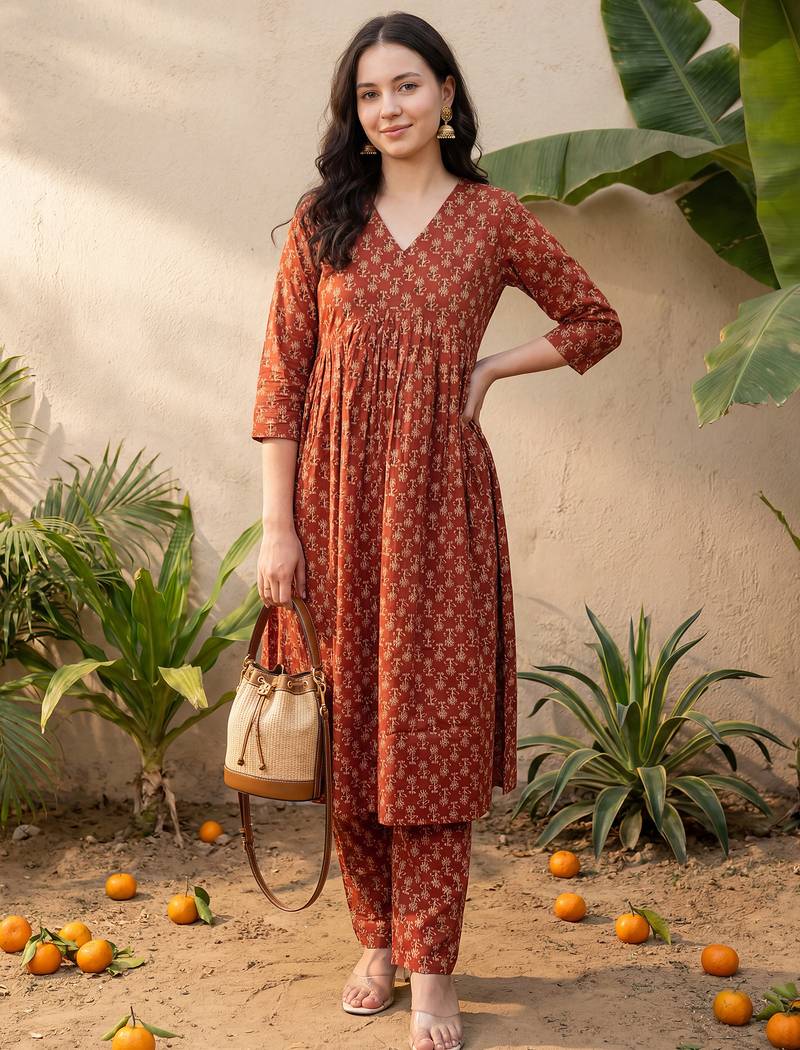 Maroon printed cotton kurta trouser set