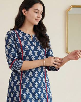 Navy blue printed cotton kurta trouser set 1