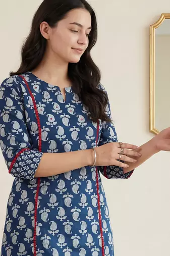 Navy blue printed cotton kurta trouser set
