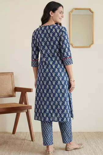 Navy blue printed cotton kurta trouser set