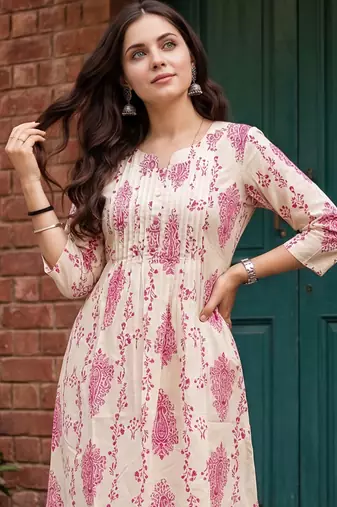 Off white printed cotton kurta trouser set