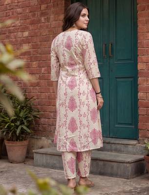 Off white printed cotton kurta trouser set 2