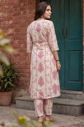Off white printed cotton kurta trouser set
