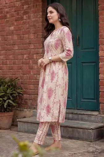 Off white printed cotton kurta trouser set