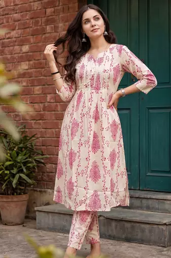 Off white printed cotton kurta trouser set