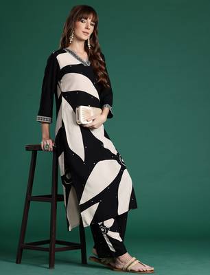 Black printed viscose rayon kurta trouser set 1