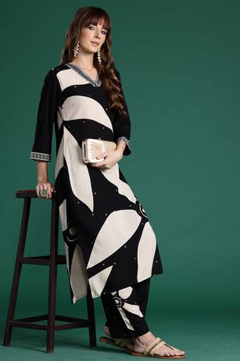 Black printed viscose rayon kurta trouser set