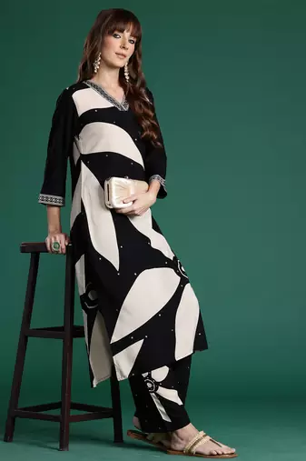Black printed viscose rayon kurta trouser set