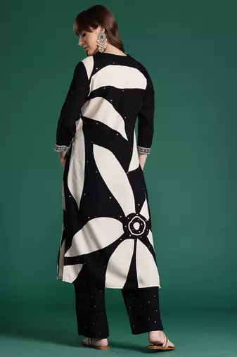 Black printed viscose rayon kurta trouser set