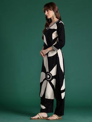 Black printed viscose rayon kurta trouser set 3
