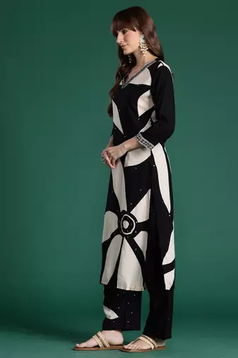 Black printed viscose rayon kurta trouser set