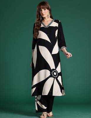 Black printed viscose rayon kurta trouser set 4