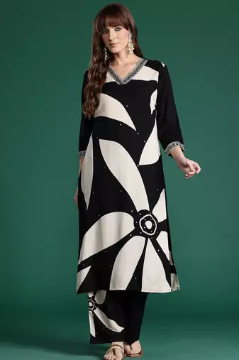 Black printed viscose rayon kurta trouser set