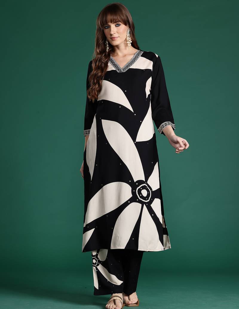 Black printed viscose rayon kurta trouser set