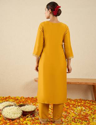 Yellow embroidered chinon kurta trouser set 3