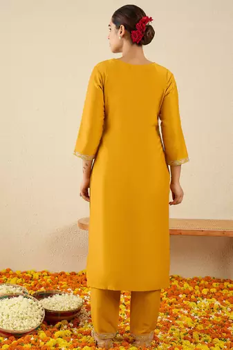 Yellow embroidered chinon kurta trouser set