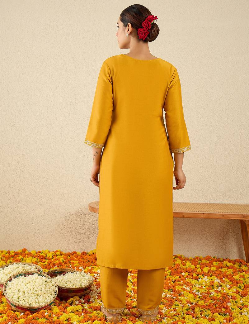 Yellow embroidered chinon kurta trouser set