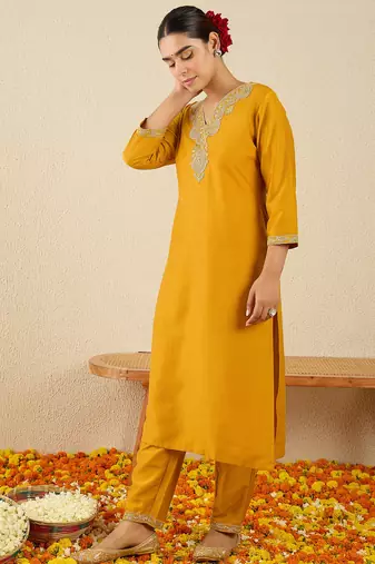 Yellow embroidered chinon kurta trouser set