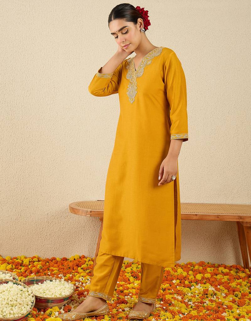 Yellow embroidered chinon kurta trouser set