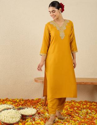 Yellow embroidered chinon kurta trouser set 1
