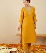 Yellow embroidered chinon kurta trouser set