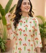 Off white printed cotton kurta trouser set