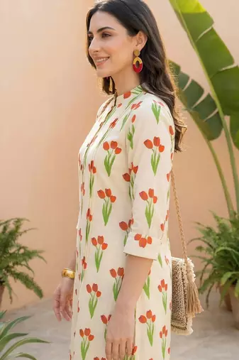 Off white printed cotton kurta trouser set