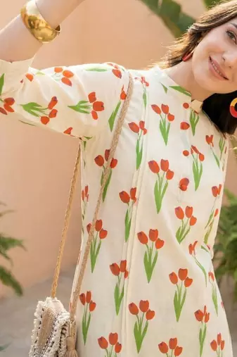 Off white printed cotton kurta trouser set