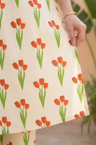 Off white printed cotton kurta trouser set